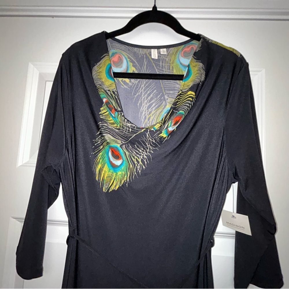 New, Madison Peacock Feather Print Cowlneck 3/4 Length Sleeve Dress - Picture 4 of 8